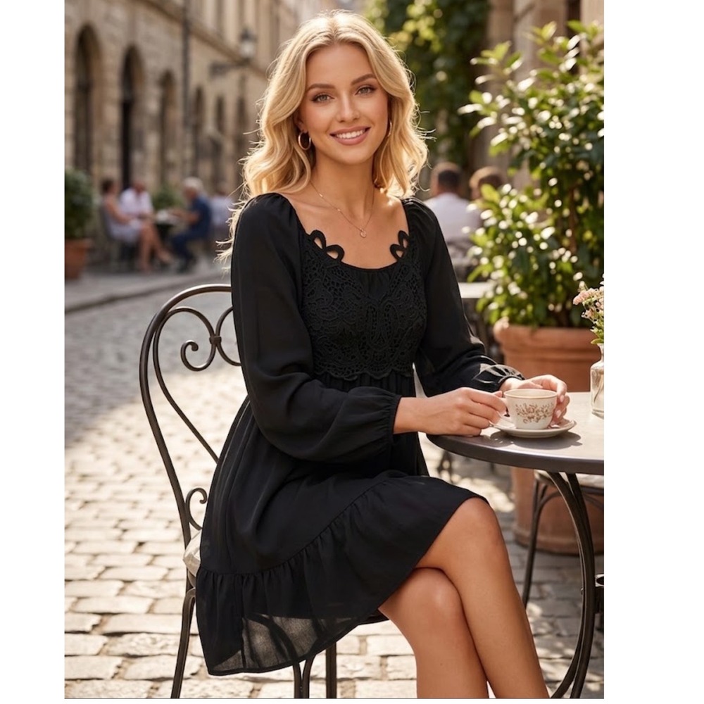 Cupshe Women Black Crochet Lace Long Sleeve Mini Dress XL CAA05A4L018DE
